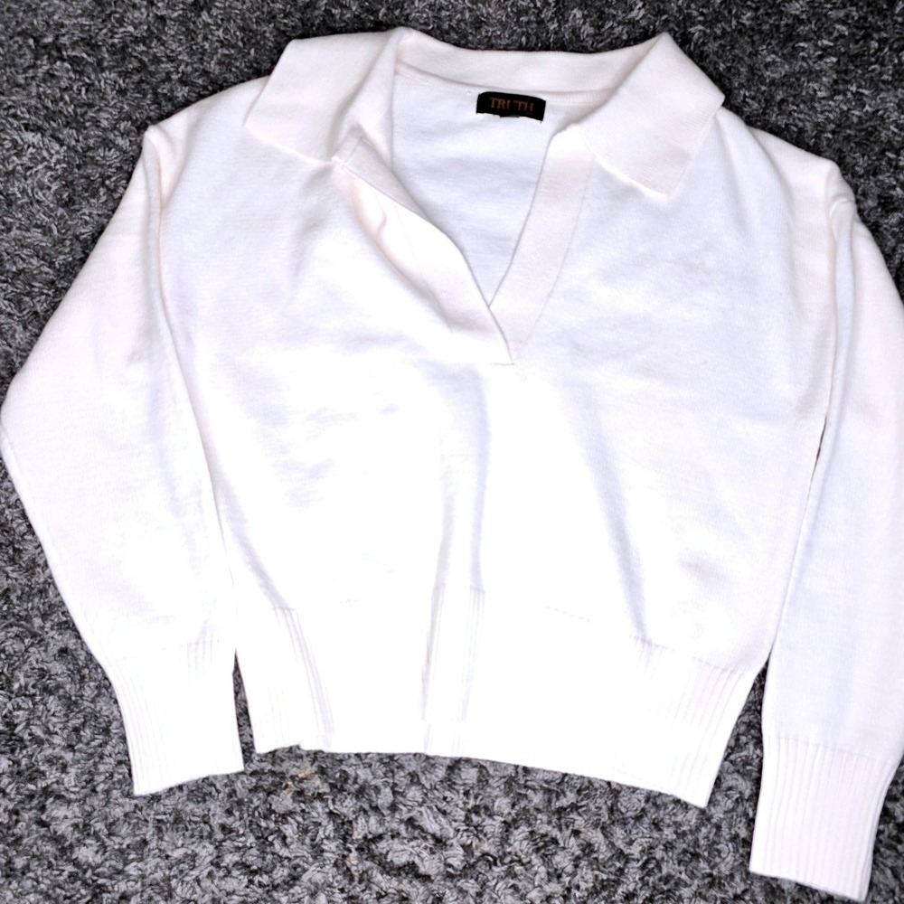 Truth by Republic Womens Cream Knit Polo Sweater V-Neck Long Sleeve Large